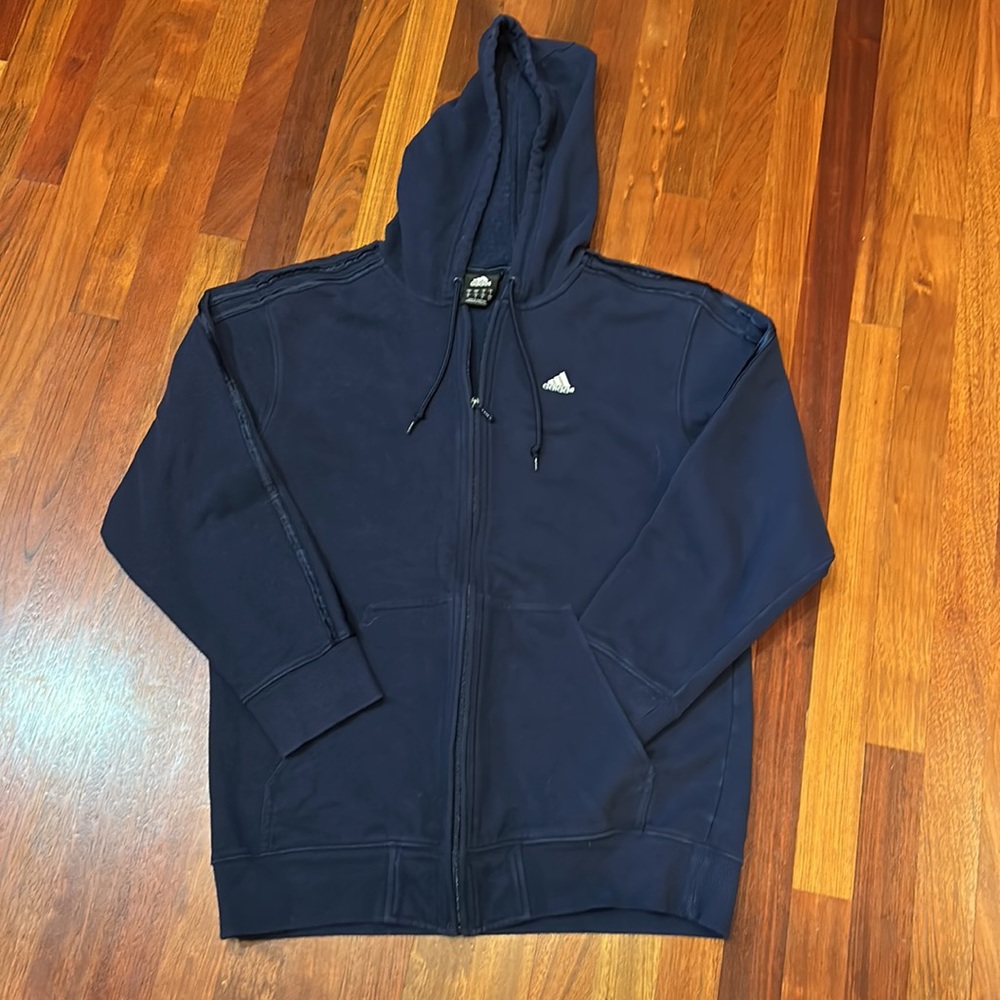 Adidas Fleece Zip Hoodie Navy With “Embroidered” Navy Stripes Men’s Size…